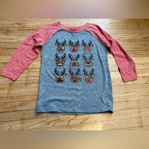 Kids Youth Small Reindeer Emoji Graphic Raglan Shirt - Red & Gray